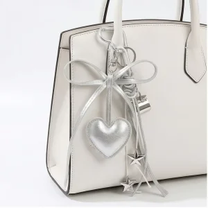 Silver Heart Bowknot Bag Charm PU Leather Star Keychain Fashion Purse Pendant Handbag Accessories Women