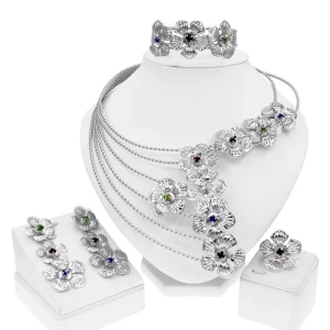 Silver Layered Chain Flower Jewelry Set Multicolor Rhinestones Necklace Bracelet Earrings Ring African Fashion Statement Jewelry