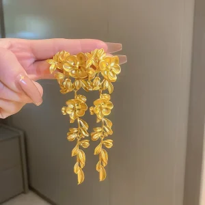 Silver Needle Flower Leaf Tassel Earrings European and American Exaggerated Heavy Metal Ear Drop Fashion High end Ear Drop