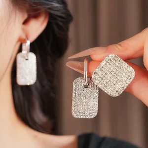 Silver Needle Sparkle Inlaid Square Drop Earrings Exquisite Versatile Ear Accessories Design Sense Niche
