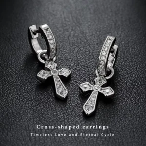 Silver Plated CZ Cross Hoop Earrings Gothic Jewelry for Women