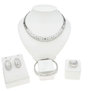 Silver Plated Crocodile Texture 4 Piece Set Bold Statement Choker Elegant Bridal & Evening Wear