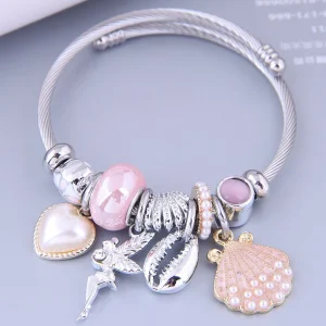 Silver Plated Heart Pearl Charm Bracelet Stainless Steel Shell Charm Bracelet for Women