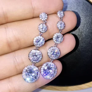 Silver Plated Shining Zircon Long Drop Round Cut Earrings Cubic Zirconia Women’s Fashion Bridal Earrings