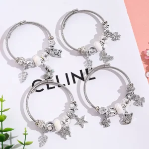 Silver Plated Stainless Steel Crystal Butterfly Charm Bracelet Large Hole Beads Adjustable Flower Pendant Bracelet