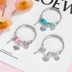 Silver Plated Stainless Steel Heart Charm Bracelet Adjustable Crystal Key Pendant Bangle DIY Bracelet for Women