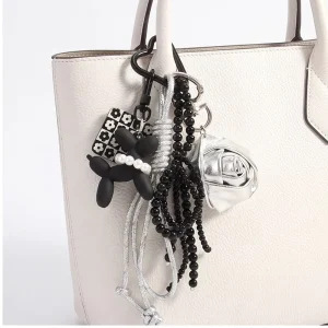Silver Rose Leather Bag Charm Black Bead Chain Tassel Keychain Pendant Luxury Handbag Accessory Women Fashion Purse Charm