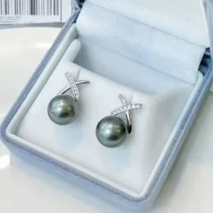Silver Simple Earrings Big Tahitian Black Pearl Crystal Stud Earrings Water Drop Geometric Ladies Jewelry