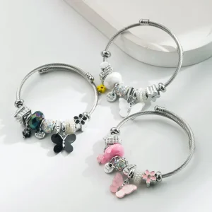 Silver Stainless Steel Bracelet with Simple Bead Butterfly Alloy Pendant and Adjustable Bracelet