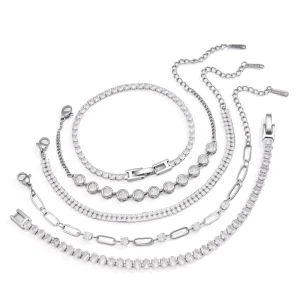 Silver Stainless Steel Tennis Bracelet for Women White Zircon Waterproof Athleisure Jewelry