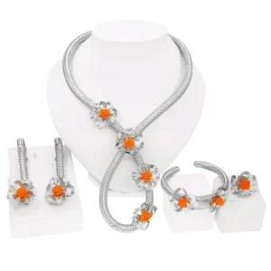 Silver Tone Braided Mesh Jewelry Set Orange Rose Flower Necklace Bracelet Earrings & Ring African Fashion Statement Jewelry