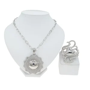 Silver Tone Gold Plated 2Pcs Jewelry Set Sunburst Pendant Necklace & Abstract Heart Ring for Women Party