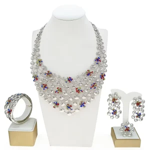 Silver-Tone Mesh Bib Necklace Set Multi-Color Enamel Flower Accents Bracelet Earrings & Ring African Fashion Statement Jewelry