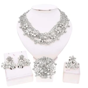 Silver Tone Multi Layer Chain Flower Jewelry Set Bib Necklace Earrings Bracelet & Ring African Fashion Statement Set