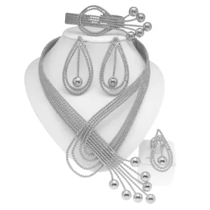 Silver Tone Multi Strand Mesh Necklace Set Ball Tassel Pendant Bracelet Earrings & Ring African Fashion Statement Jewelry