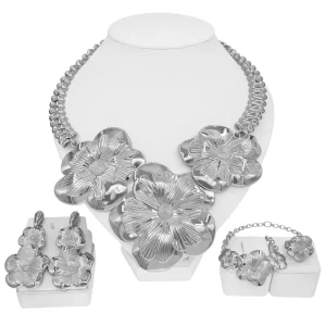 Silver Tone Textured Flower Jewelry Chunky Chain Necklace Bracelet Earrings Ring Statement Jewelry