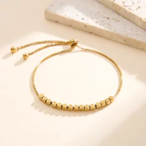 Simple 18K Gold Plated Stainless Steel Beaded Box Chain Adjustable Slider 3mm Square Bead Bolo Fashion Jewelry for Women