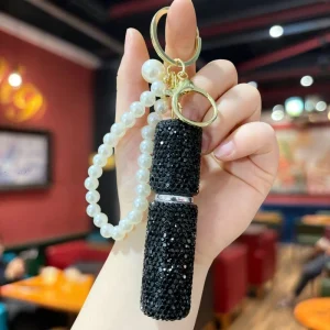 Simple Alloy Rhinestone Perfume Bottle Keychain 2 in 1 Crystal Bag Charm with Pearl Chain