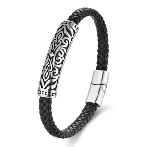 Simple Black Leather Cord and Cowhide Men’s Stainless Steel Engraved Braided Bracelet Handmade Multi layer Bangle