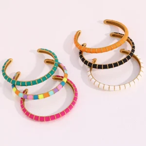 Simple Candy Gold Plating Colorful Enamel Bangles Bamboo Stripe Open Cuff Enamel Bracelet for Women