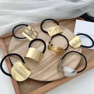 Simple Charm Design Geometric Gold Metal Alloy Elastic Rubber Hair Bands Women Hair Ties Rope Accessories