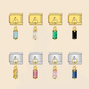 Simple Colour Square Crystal Pendant Italian Charm Bracelet Link Fit 9mm Stainless Steel DIY Jewelry Women
