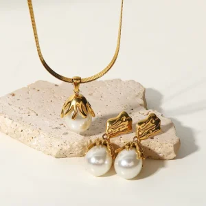 Simple Design Elegant Pearl Necklace Earring Temperament Freshwater Pearl Jewelry Set for Women
