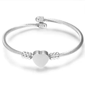 Simple Design Handmade Stainless Steel Cuff Wire Bangle Heart Charm Engrave-able Bracelet