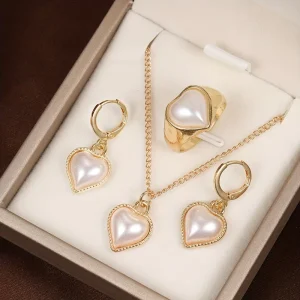Simple Design Pearl Heart Pendant Necklace Women’s Jewelry Set Fashion French Ladies Ring Earrings Necklace 3 Pcs Accessories