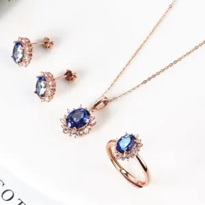 Simple Design Vintage Gemstone Jewelry 925 Silver Natural Tanzanite Blue Topaz Earring Pendant Necklace Adjustable Ring Set