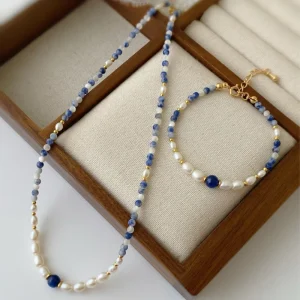 Simple Elegant Natural Irregular Shaped Freshwater Pearl Round Lapis Lazuli Beaded Necklace for Women Fashion Jewelry Gift