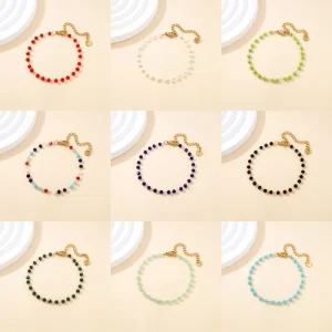 Simple Elegant Stainless Steel Women’s Jewelry 18K Gold Plated Crystal Beads Link Chain Bracelet