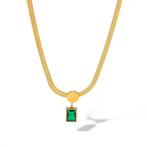Simple Fashion 18K Gold Plated Stainless Steel Necklace Chains Green Zircon Gift for Women