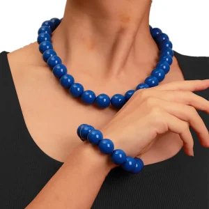 Simple Fashion Jewelry Colorful Solid Color Elastic Beaded Bracelet 16mm Round Bead Necklace Acrylic Jewelry Set for Women