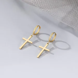 Simple Fashionable 14K Gold Color Cross Charm Pendant Drop Earrings for Women Stainless Steel Jewelry