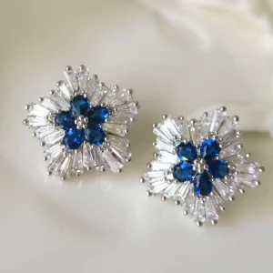 Simple Flower Shaped Design Blue Crystal Earrings for Women, Engagement Party, Zircon Stud Earrings, OEM