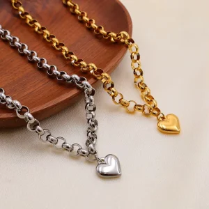 Simple Glossy Heart Pendant Necklace Stainless Steel 18K Gold Plated Link Chain Zircon Minimalist Color Preservation Jewelry