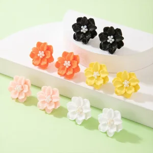 Simple Gold Woman Black Flower Earrings Party Club Accessories Ear Stud Earrings Korean Pearl Earrings