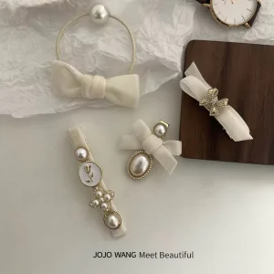 Simple Headdress Girl Pure Manual Bow Pearl Hair Clip White High Elastic Hairband Fashion Girl Hair Accessories Set