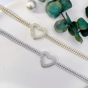 Simple Link Chain Heart Bracelet 14k Gold Laminated Fashion Accessories Trendy Brass Jewelry with Zircon Crystal Valentine’s Day