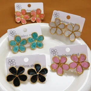 Simple Metal Flower Plum Blossom Petals Ins Retro Color Stud Earrings Stainless Steel Earrings for Women NSFS-0010