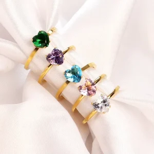 Simple Minimalist Fashion Rings Stainless Steel Non Tarnish Rings Heart Colorful Zircon Rings for Women Men