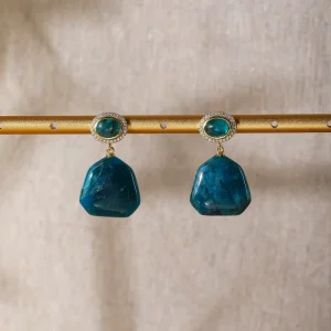 Simple Natural Tiger Eye Blue Apatite Zircon Pentagonal Shape Pendant Earrings Gemstone for Party Fashion Accessory