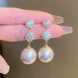 Simple Pearl Gold Plated Drop Earrings Women Wedding Party Luxury Cubic Zirconia Fashion Jewelry CZ Earrings