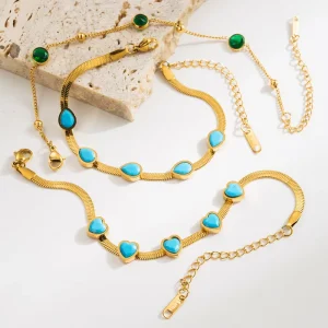 Simple Resin Heart Shaped Water Drop Blue Turquoise Women’s Fashionable Sophisticated Titanium Steel Bracelet