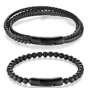 Simple Retro Natural Lava Stone Beaded Handmade Genuine Leather Bracelets Jewelry With Stainless Steel Clasp