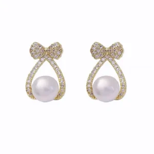 Simple Small Bowknot Pearl Alloy Earrings Women’s Drop Earrings