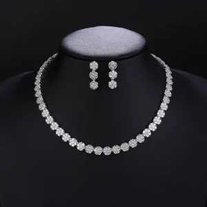 Simple Sparkling Cubic Zirconia Necklace and Earrings Set Wedding Banquet Bridal Party Costume Jewelry