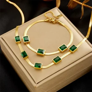 Simple Square Green Zircon Steel Necklace Fashion Jewelry Bracelets Bangles Pulsera Bracelets Women