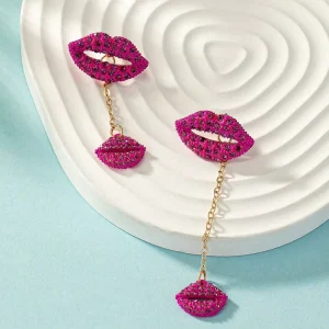 Simple Style Rose Pink Lips Earrings Two Wearing Methods Diamond Lips Earrings Women